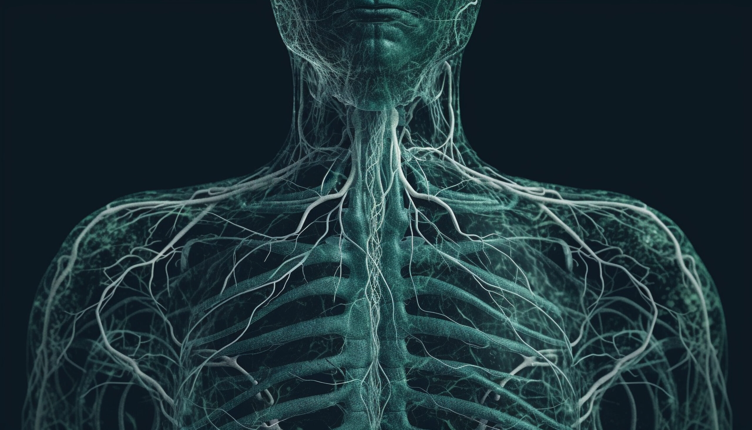 Healthy lungs inside torso seen in x ray generated by AI Healthy lungs inside torso seen in x ray generated by AI