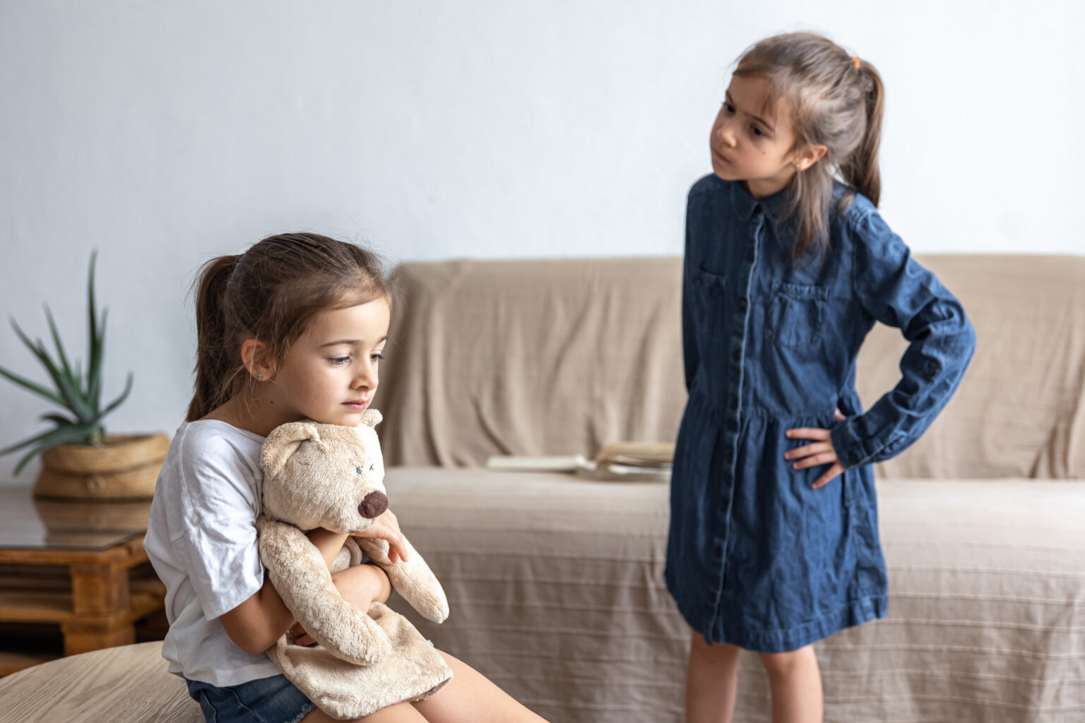Sisters quarrel over a toy, they cannot share a teddy bear.