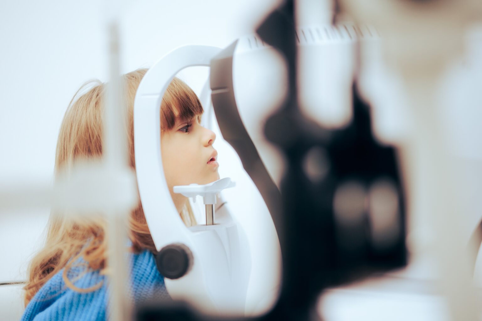 Toddler,Girl,During,Eye,Examination,With,A,Slit,Lamp,Microscope. Toddler,Girl,During,Eye,Examination,With,A,Slit,Lamp,Microscope.