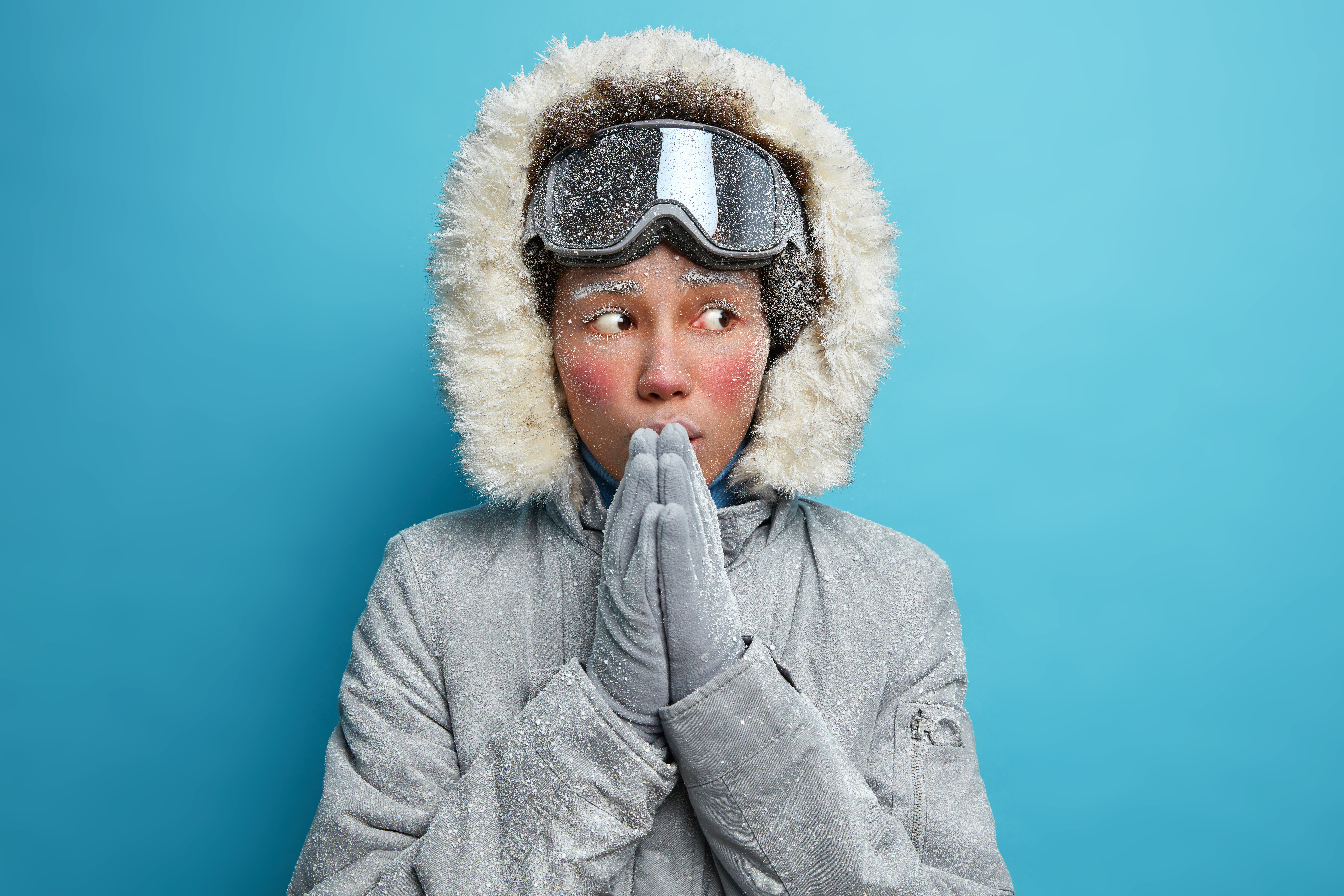 Frozen young ethnic woman tries to warm after spending long time at cold day keeps hands pressed together blows warm air wears grey jacket with hood has cold face covered with white hoarfrost Frozen young ethnic woman tries to warm after spending long time at cold day keeps hands pressed together blows warm air wears grey jacket with hood has cold face covered with white hoarfrost