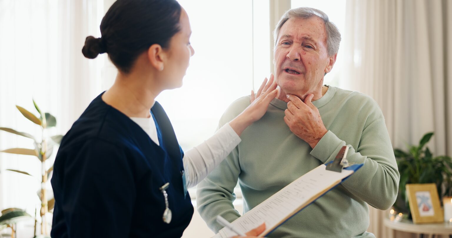 Nurse,,Clipboard,Or,Senior,Man,With,Neck,Pain,,Throat,Cancer Nurse,,Clipboard,Or,Senior,Man,With,Neck,Pain,,Throat,Cancer