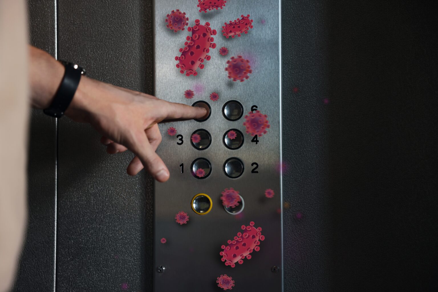 Man,Press,Button,In,Elevator,With,Germs,,Closeup Man,Press,Button,In,Elevator,With,Germs,,Closeup
